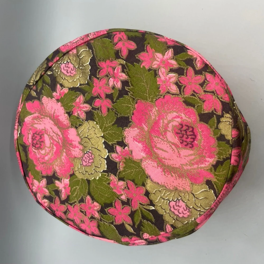 Vintage Pink Floral Pillbox Hat Metallic Gold Olive Green Pleated Bow 1960s